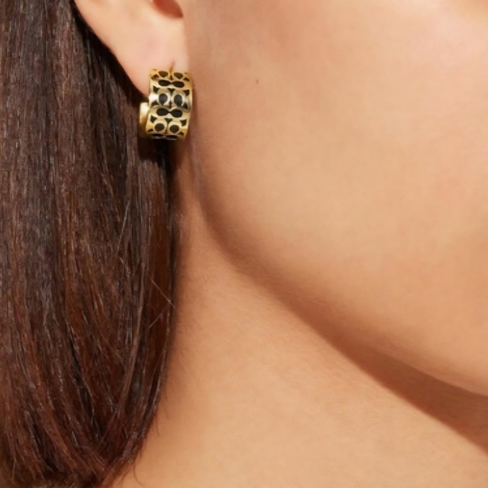 COACH Enamel Signature Huggie Earrings With Iconic "C" Design Gold and Black NWT